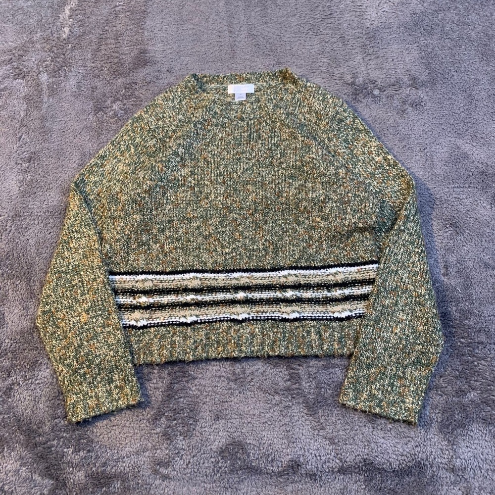 Christopher & Banks Green Marled Striped Bobble Knit Crewneck Sweater Womens M